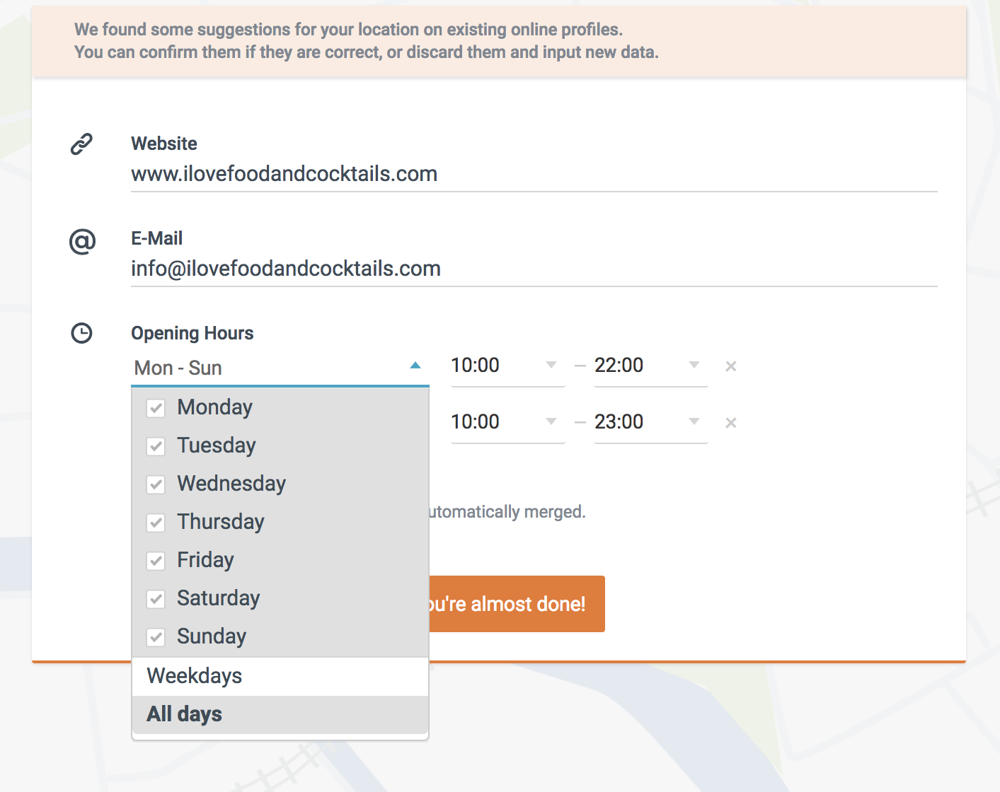 Display of operating hours days email and website fields to set up your online business listing