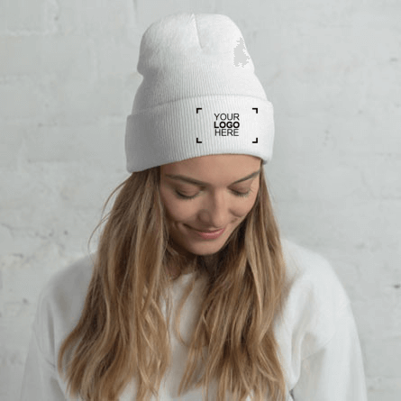 Female modeling embroidered custom winter hat with a sample logo design 