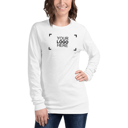 Female modeling long sleeve t-shirt with sample logo on the front