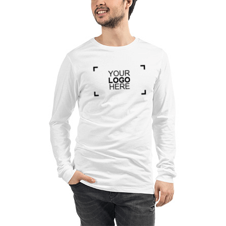 Male modeling long sleeve t-shirt with sample logo on the back