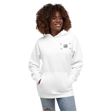 Woman modeling premium embroidered hoodie with hands in front pocket